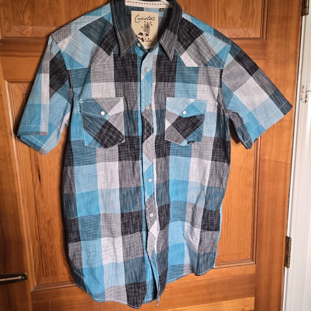 Coastal Pearl Snap Mens Medium Plaid Short Sleeve Button Down Shirt 100% Cotton